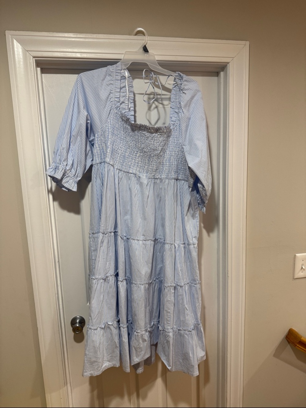 Crown & Ivy Light Blue and White Striped Smocked Midi Dress